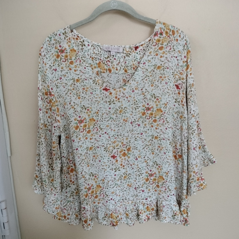 Rose & Thyme M Cream Orange Ditzy Floral Ruffle Hem Blouse CottageCore Office